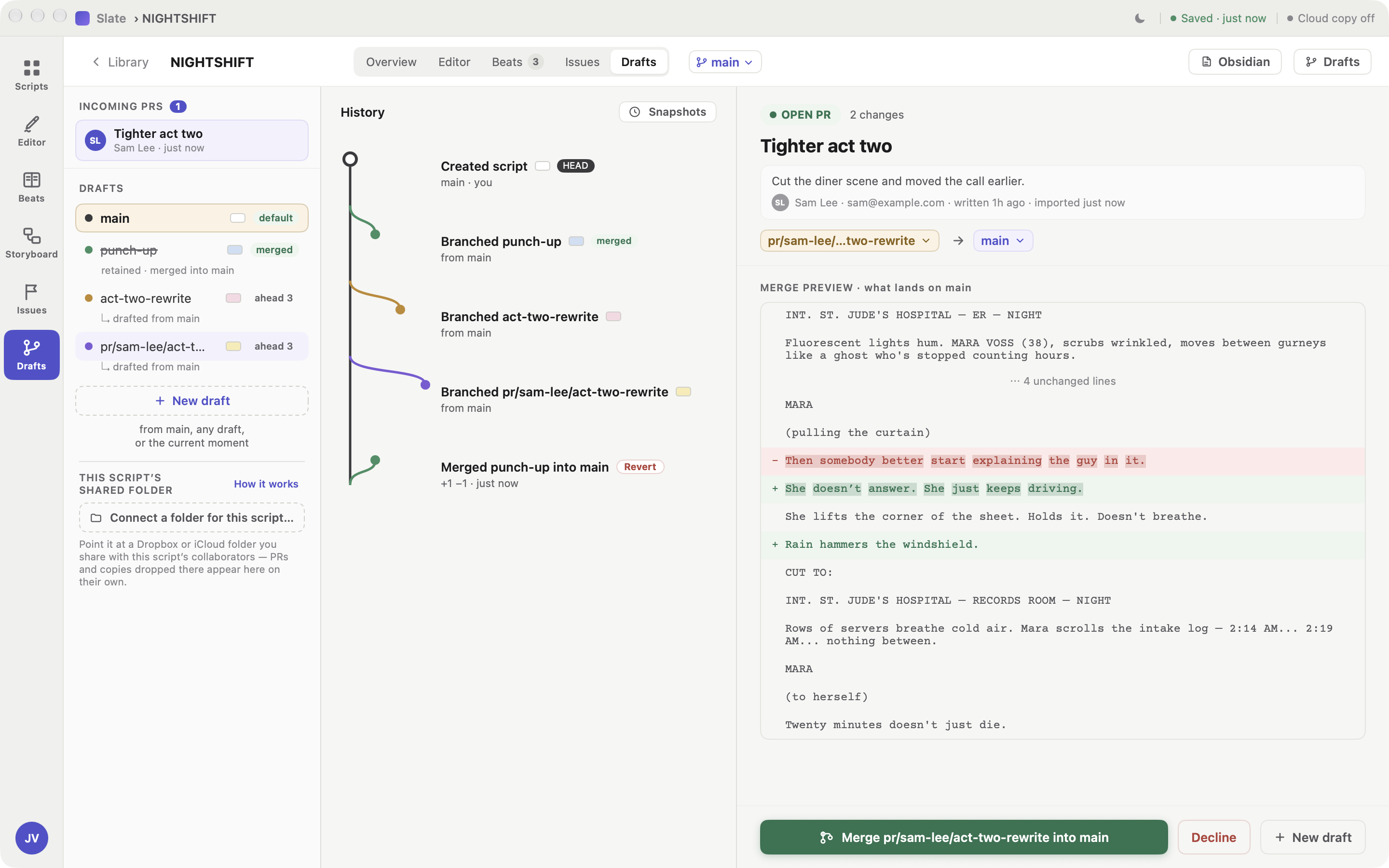 The Drafts screen in Slate 3: incoming proposals and every draft on the left, the history graph in the middle, and a co-writer's proposed revision on the right with its merge preview — cut lines in red, new lines in green