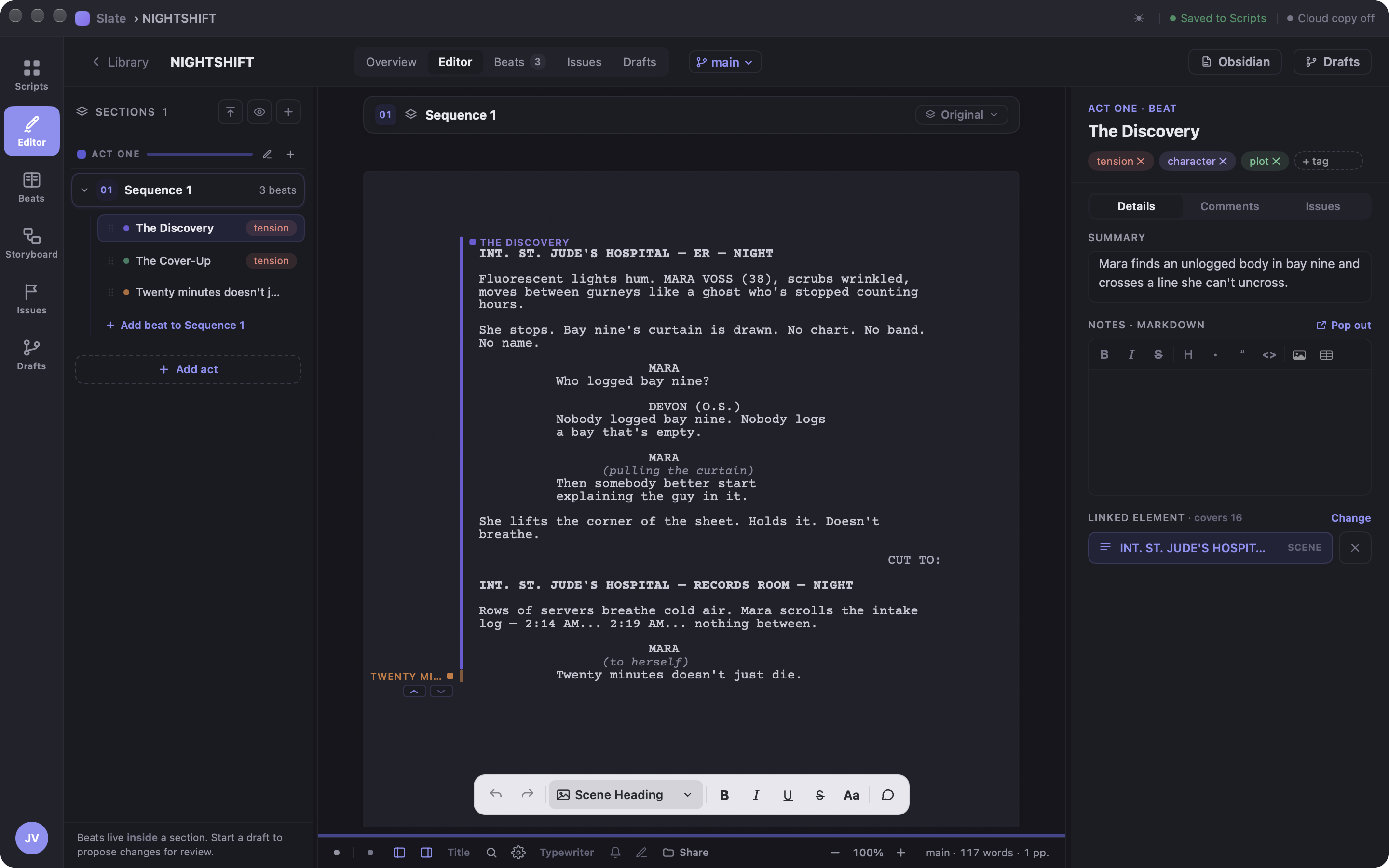 The Slate 3 editor in the Midnight theme: the beats rail on the left, a screenplay page with its beat marked in the margin, the beat's details on the right and the floating editing bar at the bottom