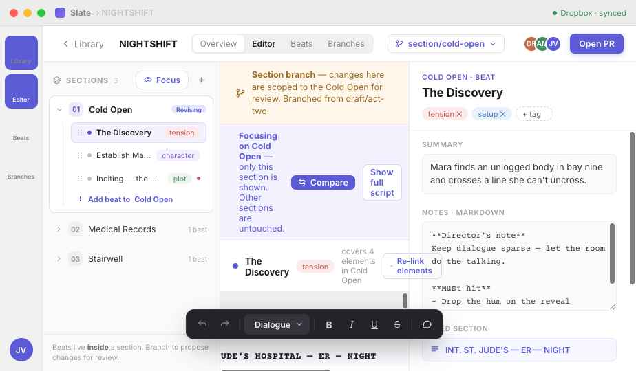 The editor — sections, beats and the inspector