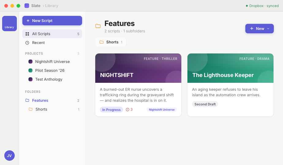 Projects and folders in the Slate library sidebar