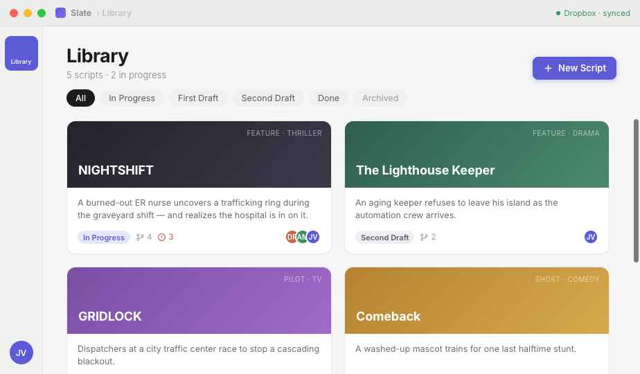 The Slate library — colorful script covers