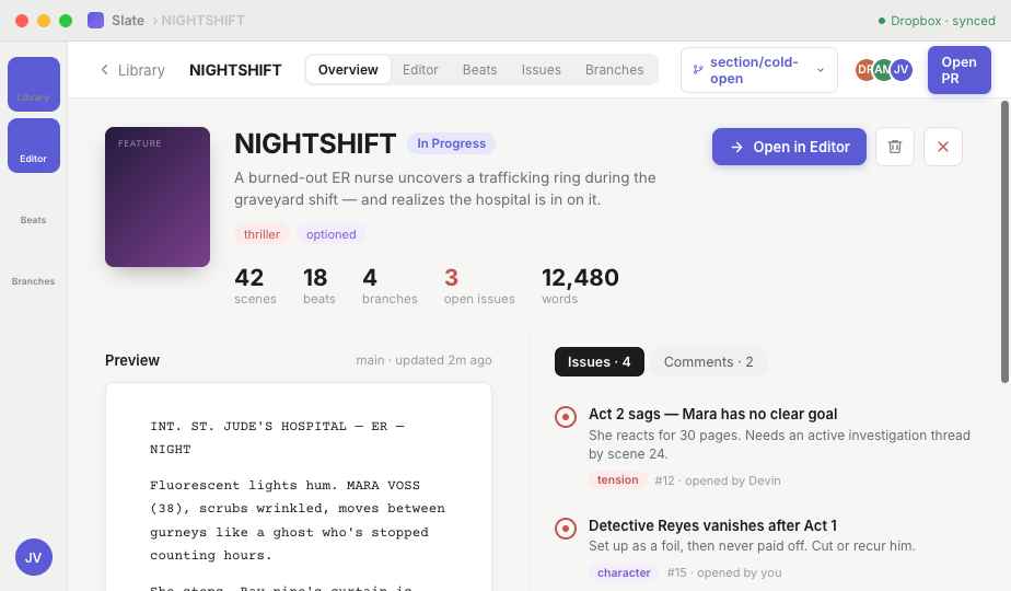A script's overview page — stats, issues and preview